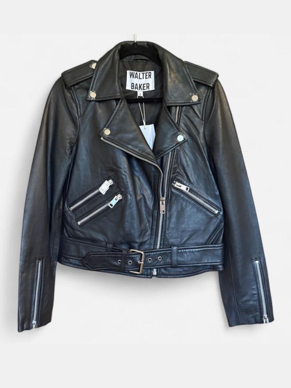Walter Baker Black Leather Biker Jacket with Silver Hardware